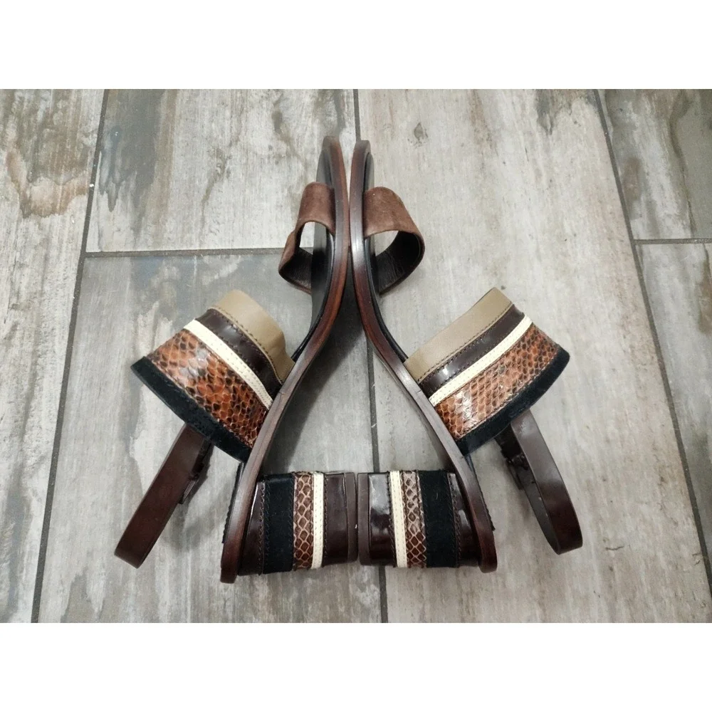 Tory Burch Brown Platform Sandals Snake Embossed Leather Slingback Block 